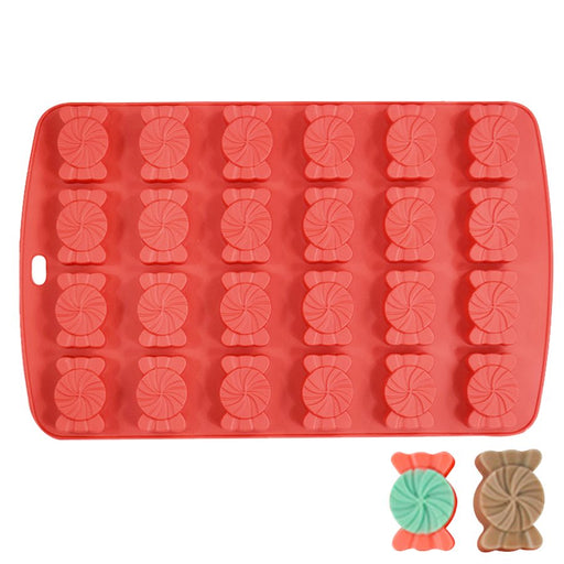 Red 24-cavity silicone baking mold featuring detailed wrapped candy shapes for chocolates, cakes and desserts.