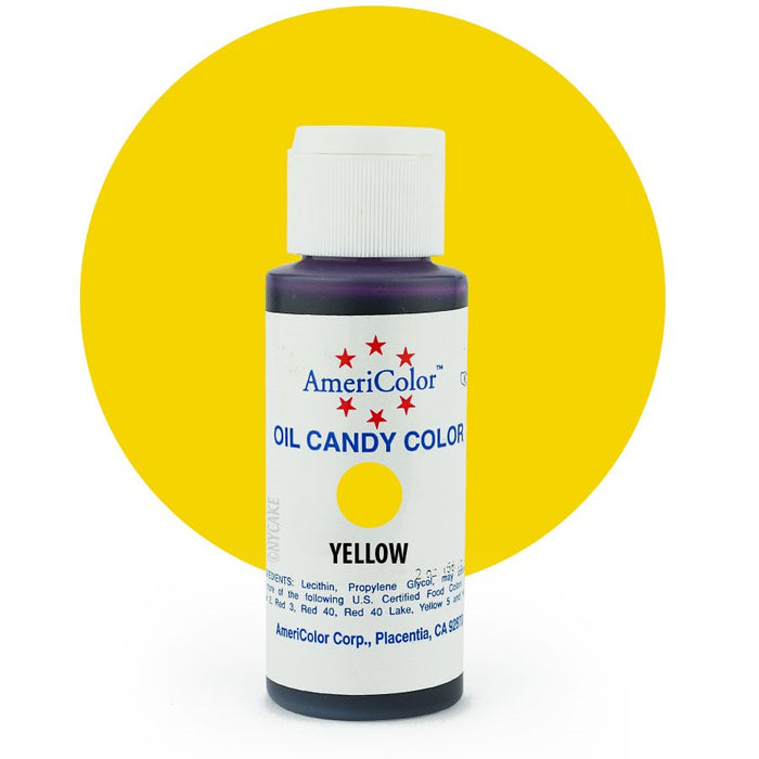 AmeriColor Yellow oil-based candy color 2 oz bottle for coloring chocolate, candy coatings and confections.