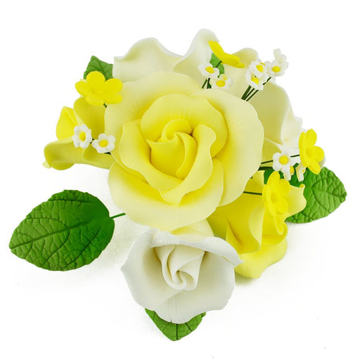 Handmade yellow garden rose bouquet sugar flowers with white blossoms and green leaves for elegant wedding cakes and cake decorating.