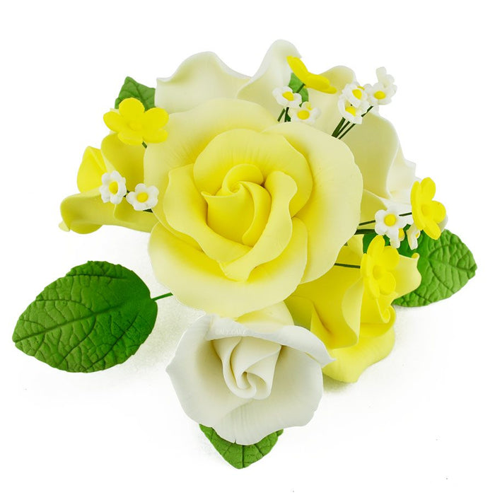 Handmade yellow garden rose bouquet sugar flowers with white blossoms and green leaves for elegant wedding cakes and cake decorating.