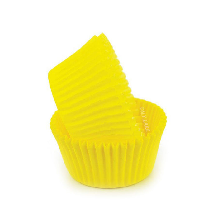 Yellow glassine standard-size cupcake baking cups with greaseproof design, available in packs of 50 or 500.