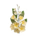 Handmade yellow plumeria spray sugar flowers with green leaves for wedding cakes, tropical cakes, and elegant edible cake decorating.