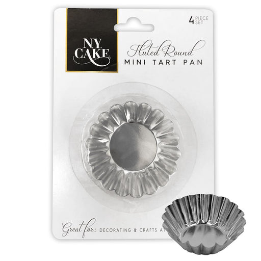 Pack of 4 fluted round aluminum mini tart pans for tartlets, quiche, pastries, flan, and individual desserts.