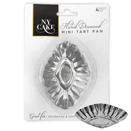Pack of 4 fluted diamond aluminum mini tart pans for tartlets, pastries, quiche, flan, and individual desserts.