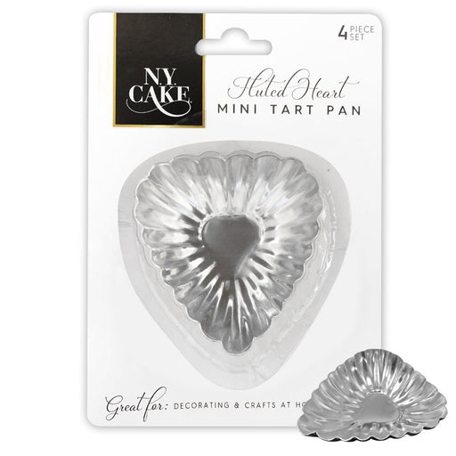 Pack of 4 fluted heart-shaped aluminum mini tart pans for tartlets, pastries, quiche, flan, and individual desserts.