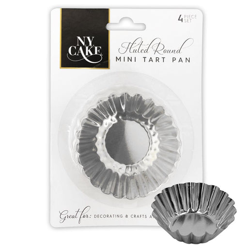 Pack of 4 fluted round aluminum mini tart pans for tartlets, pastries, quiche, flan, and individual desserts.
