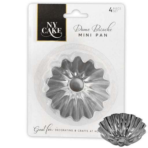 Pack of 4 fluted aluminum dome brioche mini tart pans for pastries, tartlets, quiche, flan, and individual desserts.