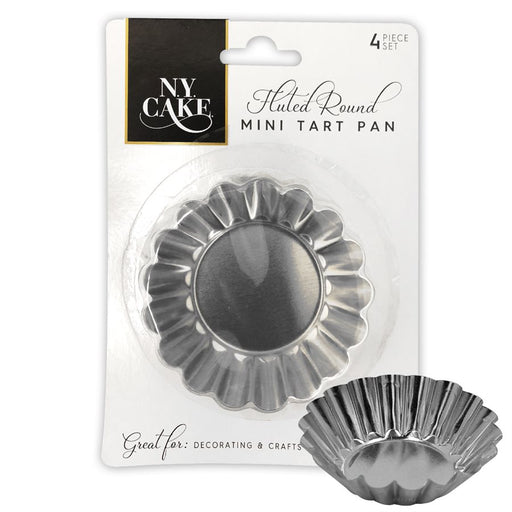 Pack of 4 fluted round 3 inch aluminum mini tart pans for tartlets, quiche, pastries, flan, and individual desserts.