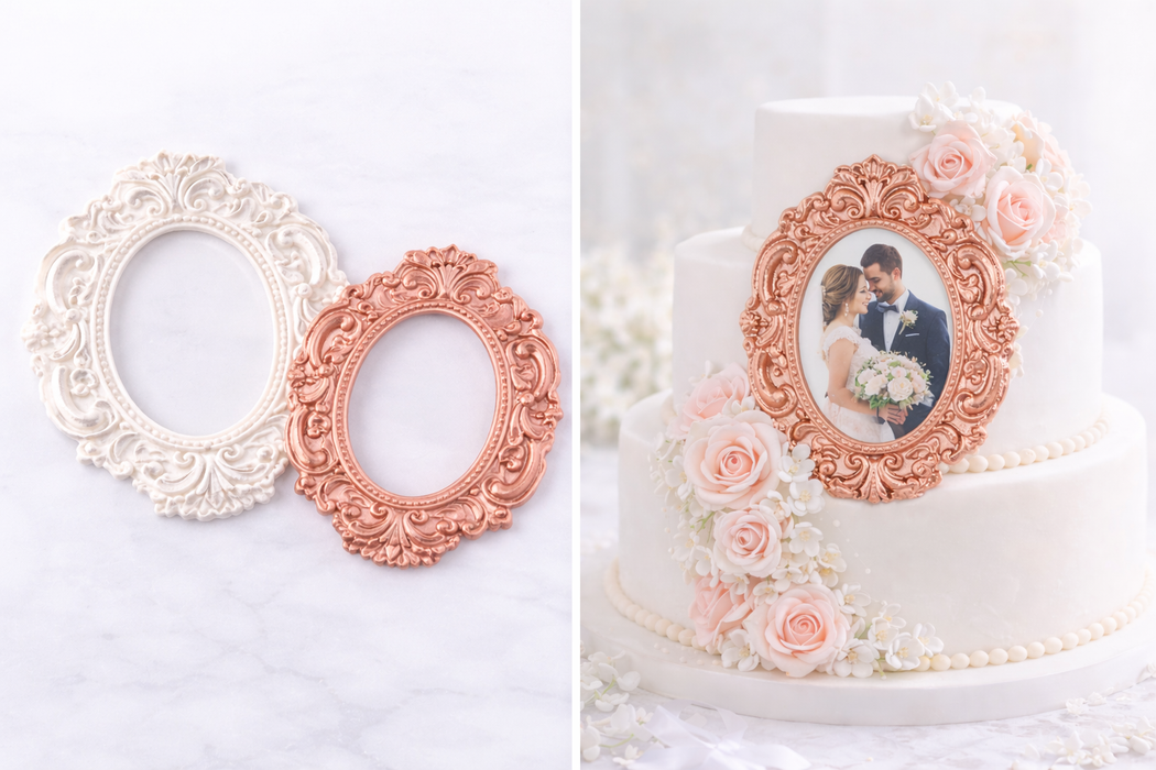 cake decorated with fondant oval picture frame edible design