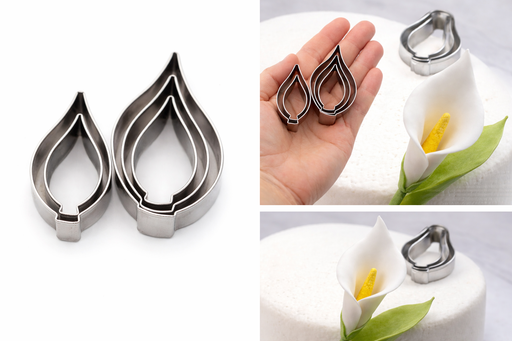 calla lily cookie cutter set stainless steel shown in hand with fondant flower cake decoration example