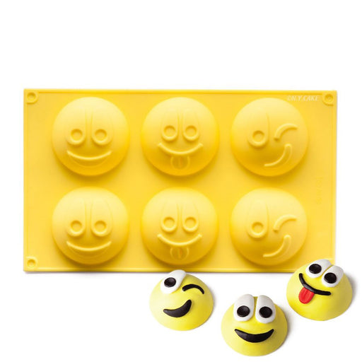 Yellow emoji silicone baking mold with 6 smiley face cavities for chocolate, candy, mousse, gelatin, cocoa bombs, and fun party desserts.