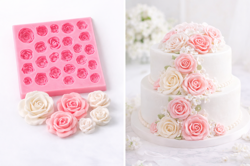 fondant rose decorations made using silicone mold cake decorating example