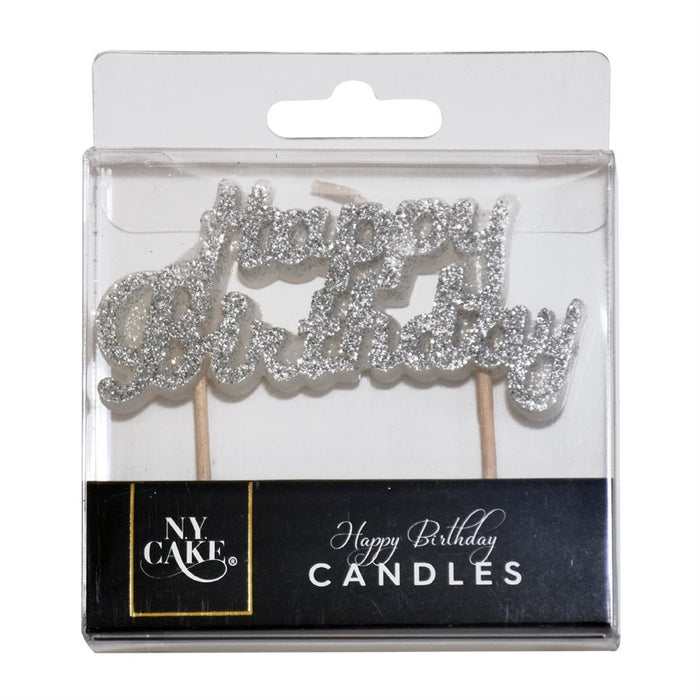 Silver Glitter Happy Birthday Candle - NY Cake | Cake Decorating & Baking Supplies