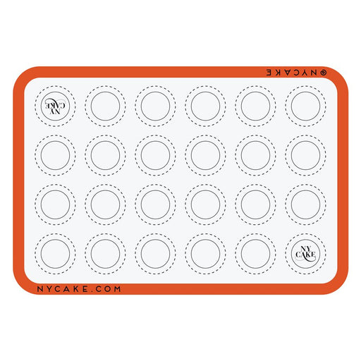 Reusable full sheet silicone macaron baking mat with non-stick surface and macaron size guides for French macarons, pastry baking, and dessert preparation.