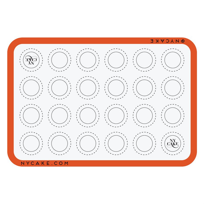 Reusable full sheet silicone macaron baking mat with non-stick surface and macaron size guides for French macarons, pastry baking, and dessert preparation.