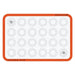 Reusable full sheet silicone macaron baking mat with non-stick surface and macaron size guides for French macarons, pastry baking, and dessert preparation.
