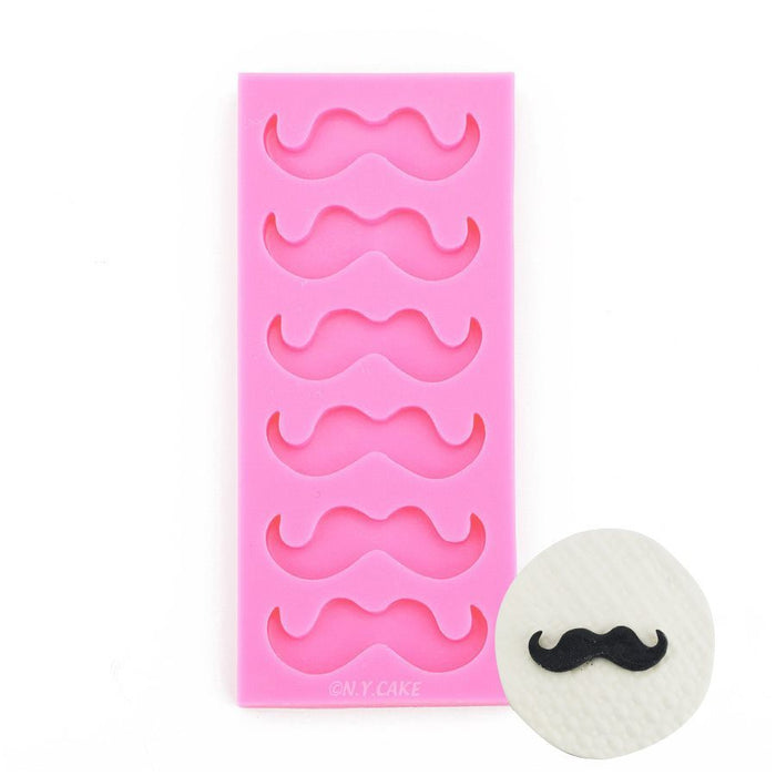 Pink mustache silicone fondant mold with multiple mustache cavities for cake decorating, cupcakes, cookies, chocolate, and novelty desserts.