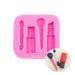 Pink makeup silicone fondant mold with cosmetic shapes for cake decorating, cupcakes, chocolate, candy, and beauty-themed desserts.