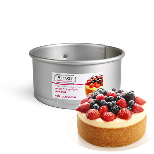 Anodized aluminum springform cheesecake pan with removable bottom and easy-release latch, available in 6-inch and 9-inch sizes for cheesecakes and specialty desserts.