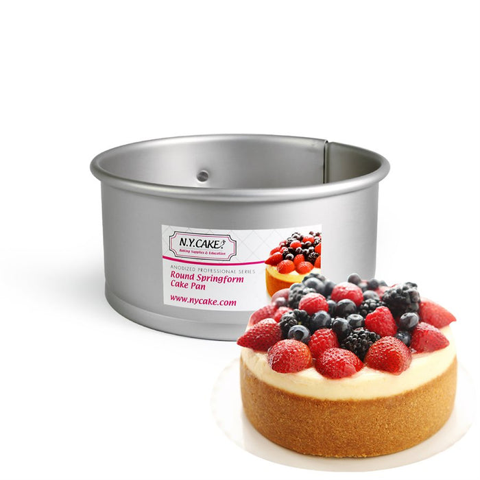 Anodized aluminum springform cheesecake pan with removable bottom and easy-release latch, available in 6-inch and 9-inch sizes for cheesecakes and specialty desserts.